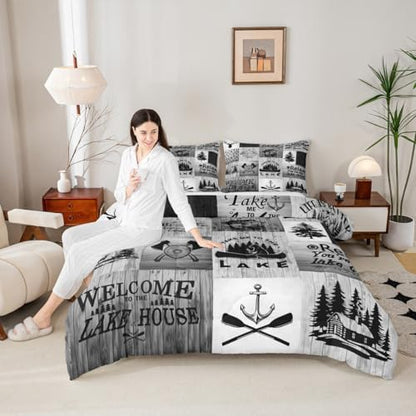 Lake Life Comforter Set Twin Size,Camping Fishing Bedding Set Bear Anchor Pine Print Grid Quilt Set Kids Boys Men Adult Rustic Cabin Room Decor Grey Retro Patchwork Plaid Duvet Insert 2Pcs