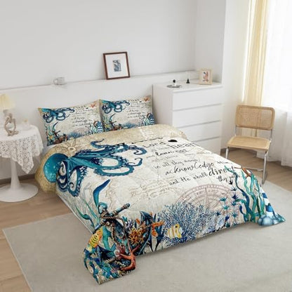 Ocean Octopus Comforter Set Twin Size Ocean Nautical Adventure Bedding Set Vintage Coral Fish and Sealife Quilted Duvet Navy Blue Anchor Lighthouse Duvet Insert for Kids Boys Teens Bedroom 2pcs