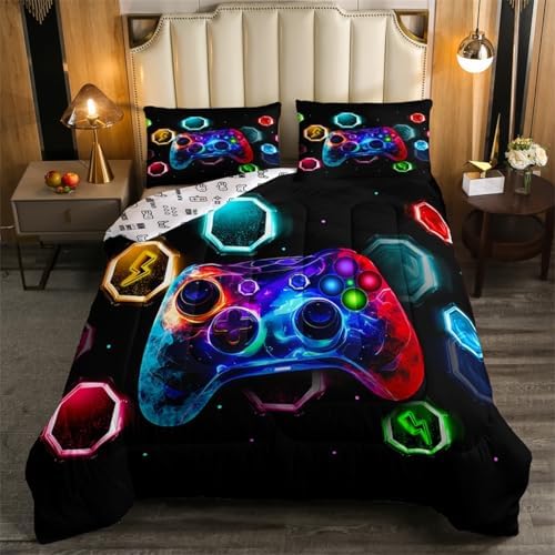 Feelyou Kids Gamer Comforter Toddler Size, Game Console Comforter Set Boys Girls Space Universe Gaming Bedding Set Gamepad Teens Duvet Set Bedroom Decor Microfiber Bed Set