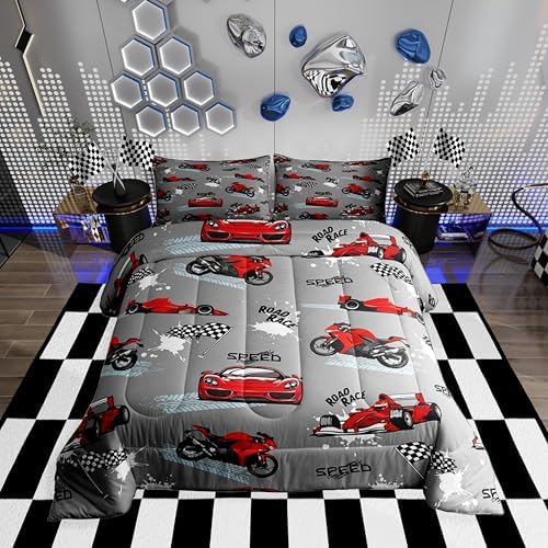 Erosebridal Red Grey Race Car Bedding Set Kids Sports Car Comforter Set Twin,Speed Racing Car Bedding for Boys Girls Extreme Sport Games Duvet Insert Dirt Bike Motocross Bed Set Lightweight Decor