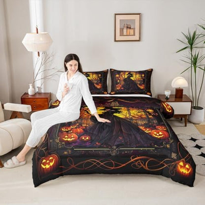 Fairy Witch Kids Comforter Set Twin Size,Halloween Pumpkin Lantern Lamp Gothic Retro Bedding Set,Girls Boys Room Decor,Branch Dead Magical Quilt Comforter,Trippy Chic Duvet Insert,1 Pillowcase