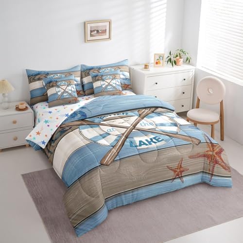 Erosebridal Lake Life Bedding Set for Kids Teens,Hawaii Boat Paddle Comforter Set Full Size,Crab Starfish (Comforter+Fitted+Flat Sheet+2 Pillowcases+2 Throw Pillow Covers) 7 Pieces Bed Set