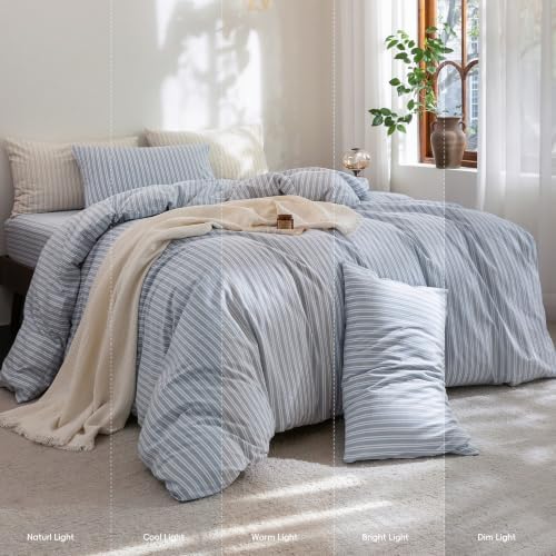 FOSSA Striped Duvet Cover Set 100% Washed Cotton Linen Feel King