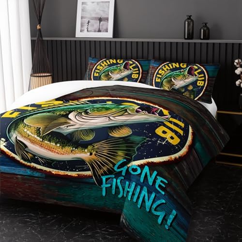 Nttopship Big Pike Fish Bedding, Bass Fishing Comforter Set Hunting and Fishing Themed Comforter Set for Kids Boys Room Decor, King Bed in a Bag for Teens with 2 Pillowcases