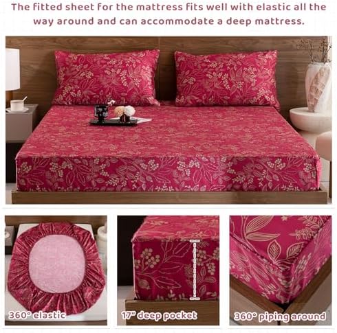 QSH Floral Queen Size Sheet Sets - 100% Egyptian Cotton Sheets Elegant Red Flower Pattern Botanical Printed Bedding Sheets Queen Size Bed Extra Soft and Breathable 4pcs Deep Pockets Bed Sheets