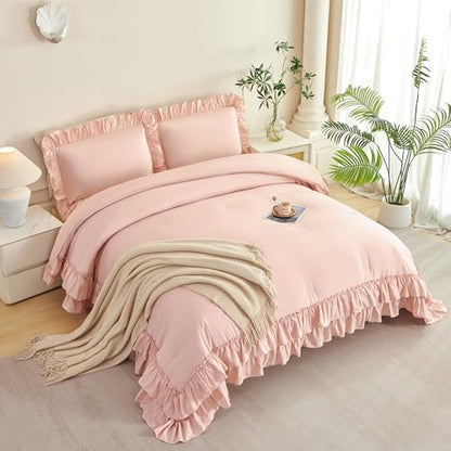 ANGIYUIN 5 Pieces Blush Pink King Size Bed in A Bag Ruffle Comforter Sets