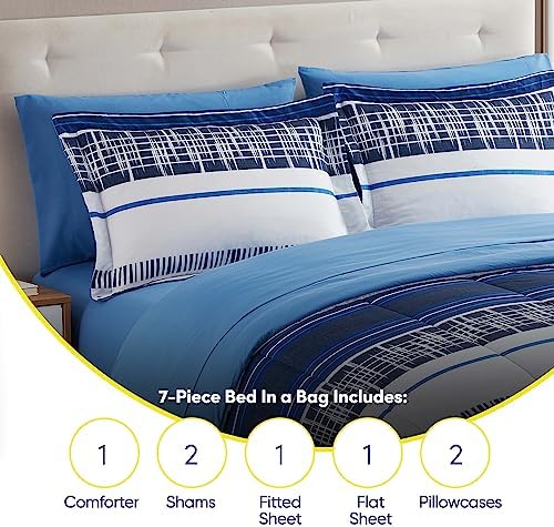 Sweet Home Collection 7 Piece Comforter Set Bag Solid Color All Season Soft Down Alternative Blanket & Luxurious Microfiber Bed Sheets, Mediterranean, King
