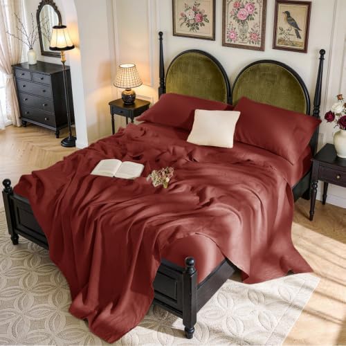 SONORO KATE 100% French Linen King Size Sheets Set,Natural Flax Bedding