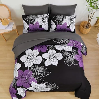 Luxudecor Floral Comforter Set Queen Size, 7 Pieces Bed in a Bag Purple Floral Comforter and Sheet Set, Soft Microfiber Complete Bedding Sets for All Seasons