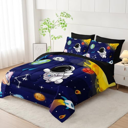 AILONEN Kids Cartoon Astronaut Comforter Sets Twin Size,Cute Astronaut Rockets Bedding Set Bed in a Bag for Boys Teens,Outer Space Comforter & Fitted Sheet + Flat Sheet & 2 Pillowcases,2 Pillow Shams