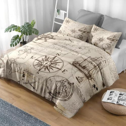 Pamnest Comforter Set Twin Size, Adventure Map Vintage Soft 2 Pcs Bedding for Kids and Adults, Rose Nautical Pirate Comforter Set with Pillowcase, for Bedroom Bed Decor