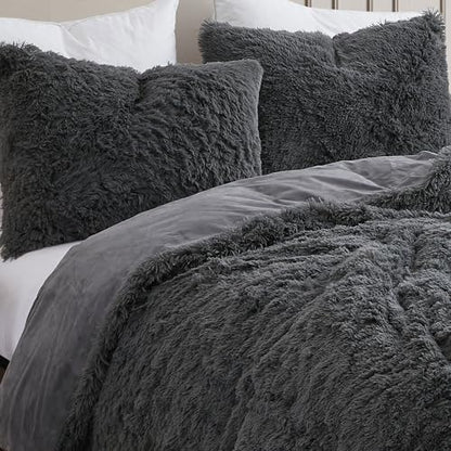 Queen Luxury Faux Fur Comforter Set - Soft & Breathable 7-Piece Bedding Collection - 1 Comforter, 1 Fitted Sheet, 1 Flat, 2 Pillowcases, 2 Pillow Shams - Deep Pocket - Premium Quality, Dark Gray