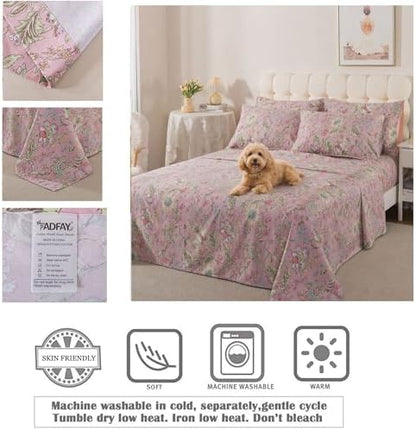 FADFAY Twin Sheet Set 4Pcs 100% Egyptian Cotton Bed Sheets Deep Pocket Soft Breathable Vintage Misty Pink French Country Bedding Shabby Cottagecore Floral Bedding Luxury Hotel Quality for All Seasons