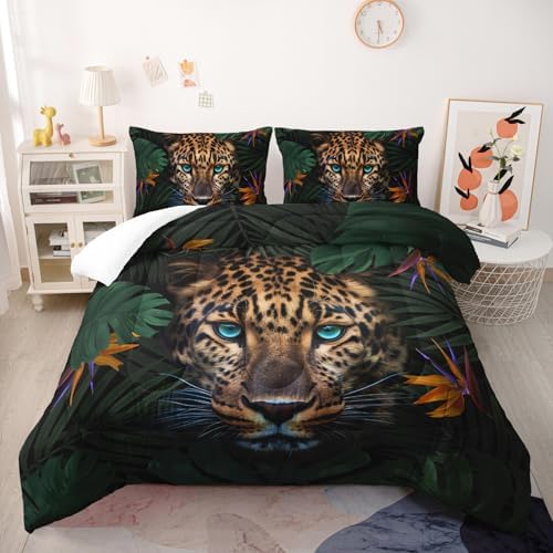 Nttopship Leopard Comforter Set King Size,100% Soft Ultra-fine Fiber Four Season Jungle Wild Animal Comforter Set,with 1 Comforter and 2 Pillow Case