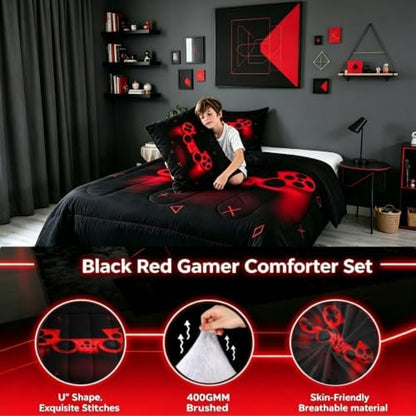Boys Gamer Comforter Set Queen Size,Gamepad Bedding Set Kids Young Man Video Games Down Comforter for Teen Child Game Room Decor Black Red Classic Retro Gaming Quilted Duvet Set with Pillowcase