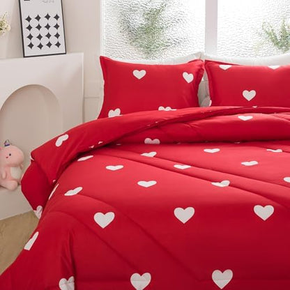 Caressma Love Queen Comforter Set - Romantic White Heart Print Red Bedding Comforter 3 Pieces Matching Pillowshams