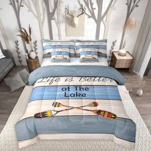 Erosebridal Lake House Bedding Set for Kids Teens,Boat Paddle Comforter Set Queen Size,Blue Wooden Plank (Comforter+Fitted+Flat Sheet+2 Pillowcases+2 Throw Pillow Covers) 7 Pieces Bed Set