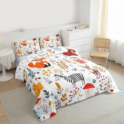 Erosebridal Kids Fox Comforter Set King,Cute Woodland Bear Deer Down Comforter for Boys Girls Bedroom,Cartoon Owl Lovely Animal Wildlife Bedding Sets Flower Leaves Quilt Duvet Set 3 Pcs Colorful