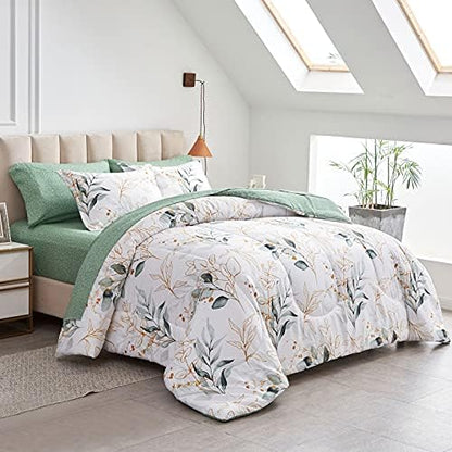 Joyreap 7 Piece Bed in a Bag King, Green Leaves Printed on White Botanical Design, Microfiber Comforter Set for All Season (1 Comforter, 2 Pillow Shams, 1 Flat Sheet, 1 Fitted Sheet, 2 Pillowcases)