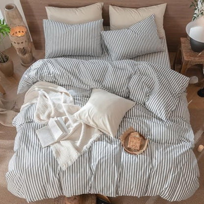 MooMee Striped Duvet Cover Set 100% Washed Cotton Linen Like Super King
