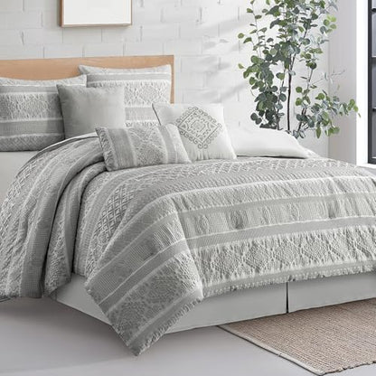 LANCO MODERN LIFESTYLE 7 Piece Queen Comforter Set, Grey, Elegant Jacquard with Patchwork, Stylish and Cozy Bedding Collection, Premium Bedding Set with Bedskirt, Shams and Pillows
