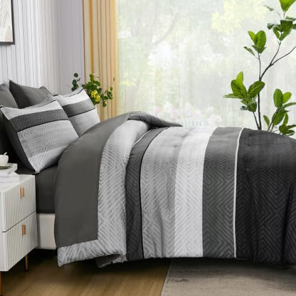 Comforter Set King Size 7 Piece Bed in a Bag Boho Black Striped Bedding Set Soft Microfiber Comforter and Sheet Set for All Season (King, 104"x90")
