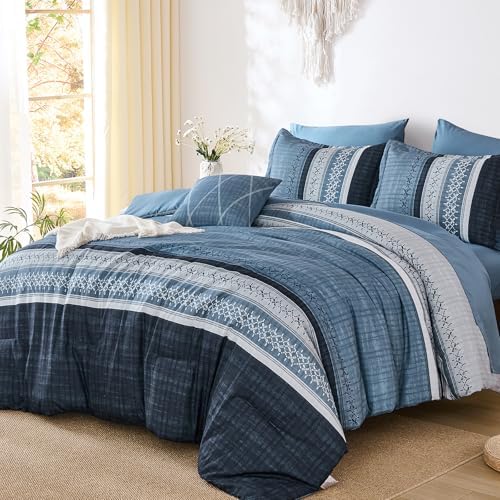 Navy Blue Queen Comforter Size Set, 8 Pieces Striped Texture Bed in a Bag Bedding Sets, Lightweight Soft Comforter and Sheet Set, All Season Microfiber Teen Boys Bedding Sets for Men Women