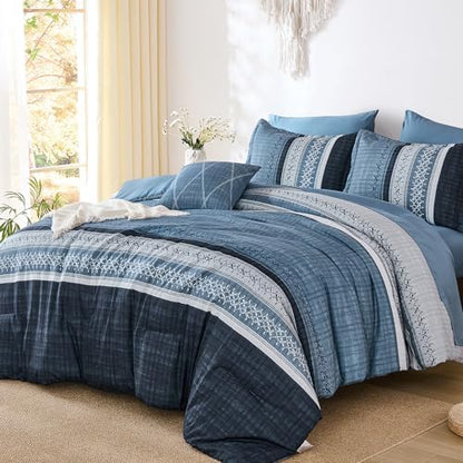 Navy Blue Queen Comforter Size Set, 8 Pieces Striped Texture Bed in a Bag Bedding Sets, Lightweight Soft Comforter and Sheet Set, All Season Microfiber Teen Boys Bedding Sets for Men Women