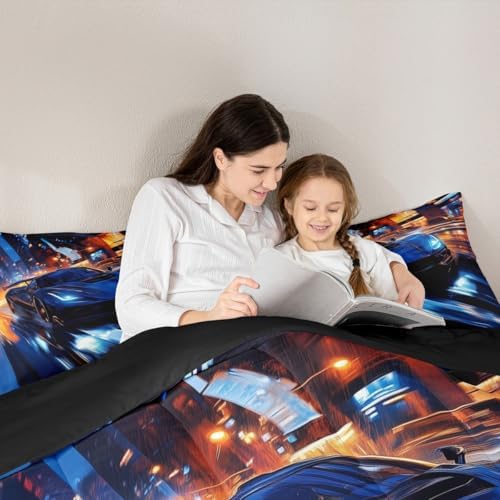 Erosebridal Kids Boys Sports Bedding Set - King Size Blue Race Car Comforter Set for Kids Teens Room Decor - Extreme Sports Theme Bed Set - Cool Speed Luxury Car Decor Quilt Set - Soft for All Season