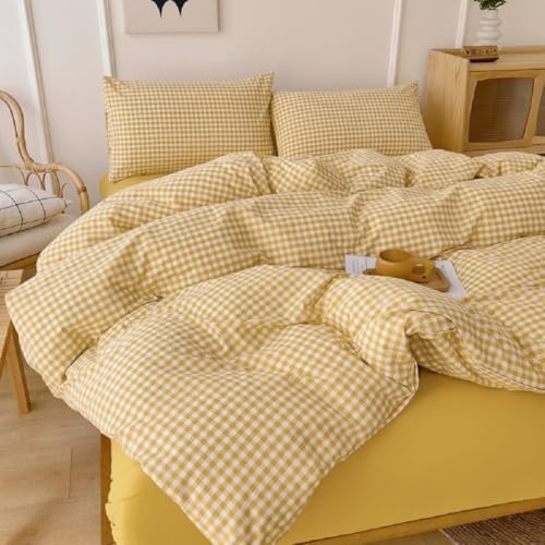 LifeTB Queen Comforter Set Modern Style Yellow Gingham Comforter Geometric Plaid Printed Bedding Comforter with 2 Pillow Shams Fluffy Lightweight Gingham Bedding Grid Checkered Comforter Set