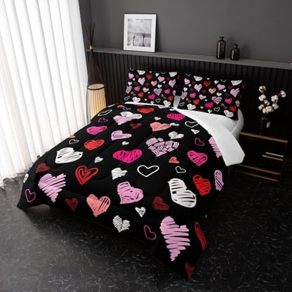 Nttopship Love Comforter Sets King Size，Love Valentines Day Romantic Soft Bedding Set Pink Watercolor Kawaii Bedding Cartoon Heart Bedroom Decor Comforter with 2 Pillowcases