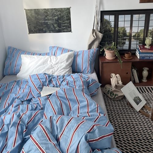 mixinni Vintage Striped Blue Duvet Cover King - 100% Cotton Red Stripes 3-Piece Bedding Duvet Cover Set with Zipper Closure, Soft & Breathable Retro Design for All Seasons (King Size)
