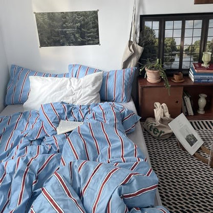 mixinni Vintage Striped Blue Duvet Cover King - 100% Cotton Red Stripes 3-Piece Bedding Duvet Cover Set with Zipper Closure, Soft & Breathable Retro Design for All Seasons (King Size)