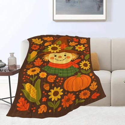 Fall Scarecrow Blanket Super Soft Warm Fluffy Fleece Flannel Farmhouse Autumn Throw Blanket Cozy Fuzzy Plush Thanksgiving Stuff Bedding Blankets Gifts for Women Kids Boys Girls Adults 80"X60"