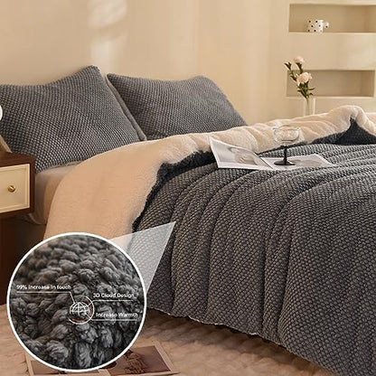 LLanCL 3D Jacquard Design Comforter Set, Ultra-Soft Warm Queen Size Sherpa Fur Plush 3-Pieces Sets Luxury Cozy Bedding with 2 Pillowcases (90"x90", Grey)