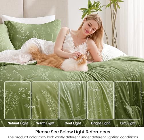 Love's cabin Olive Green Queen Comforter Set - Queen Size Comforter Set, 3 Pieces Cute Floral Bedding Sets for All Seasons,1 Soft Reversible Botanical Flowers Comforter and 2 Pillow Shams