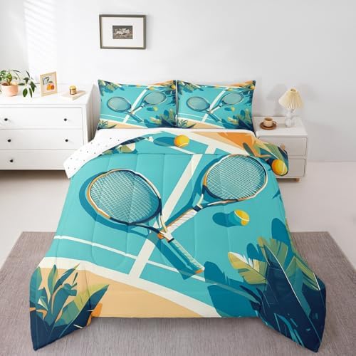 Castle Fairy Tennis Racket Bedding Set Toddler Size Summer Theme Sports Gaming Comforter Set for Kids Boys Bedroom Decor Tropical Palm Leaves Soft Duvet Insert Tennis Ball Down Comforter Set,2Pcs
