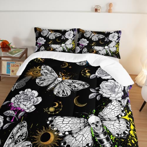 HOSIMA Death Moth Skull Heads King Size Comforter Set Horror Theme Halloween Bedding,Goth Bedding Set Floral Butterfly Bed Set Room Decor for Teen Girls Boys Black King Bed Comforter Set.