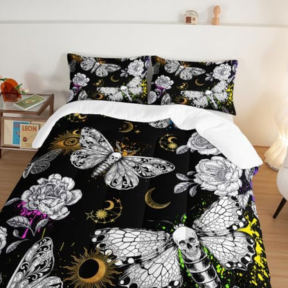 HOSIMA Death Moth Skull Heads King Size Comforter Set Horror Theme Halloween Bedding,Goth Bedding Set Floral Butterfly Bed Set Room Decor for Teen Girls Boys Black King Bed Comforter Set.