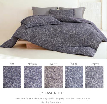 Queen Comforter Set 3 Pieces, 100% Cotton Botanical Charcoal Floral Bedding Set for All‑Season, Soft Hypoallergenic Comforter with 2 Pillow Shams