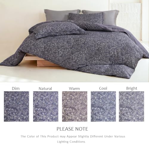King Comforter Set 3 Pieces, 100% Cotton Charcoal Botanical Floral Bedding Set for All‑Season, Soft Reversible Comforter with 2 Pillow Shams