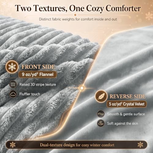 CozyLux Fleece Queen Comforter Set, 3 Piece Winter Warm Light Grey Bedding