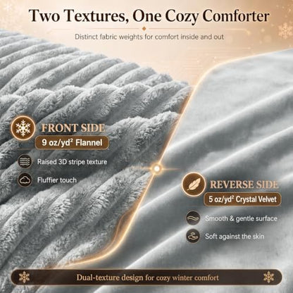 CozyLux Fleece Queen Comforter Set, 3 Piece Winter Warm Light Grey Bedding