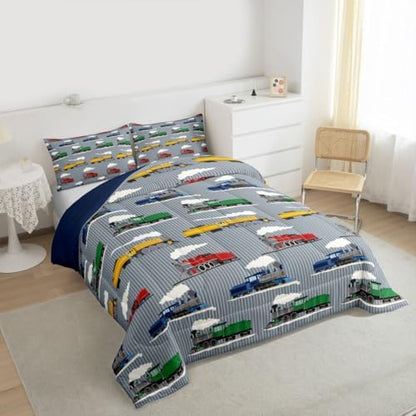 Feelyou Vintage Train Comforter Set King Size Retro Steam Engine Train Bedding Set for Kids Boys Girls Transport Vehicle Duvet Quilt Bedroom Decor Microfiber 3 Pcs with 2 Pillow Cases