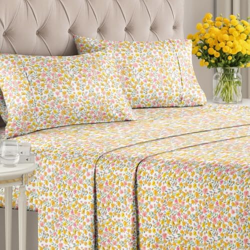 King 4 Piece Floral Sheet Set - Breathable & Cooling - Sun Kissed Bloom