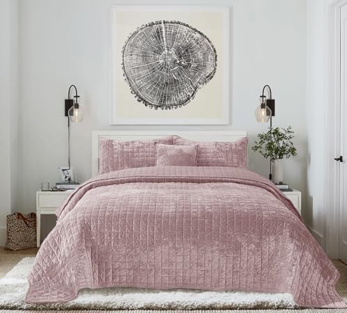 Quilt Set Queen Size 90x98 Luxurious Velvet Bedding Sets with 2 Pillow Shams 20x26 3 Pieces Ultra Soft Quilted Bedspread Coverlet Comforter for All Season,Pink