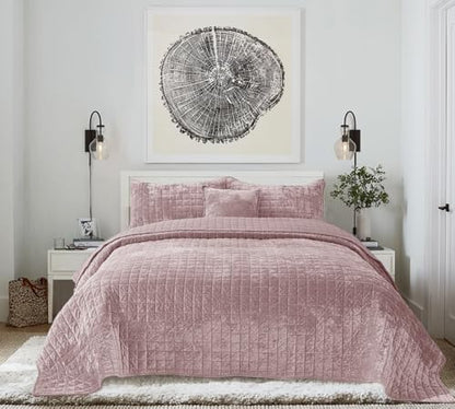 Quilt Set Queen Size 90x98 Luxurious Velvet Bedding Sets with 2 Pillow Shams 20x26 3 Pieces Ultra Soft Quilted Bedspread Coverlet Comforter for All Season,Pink