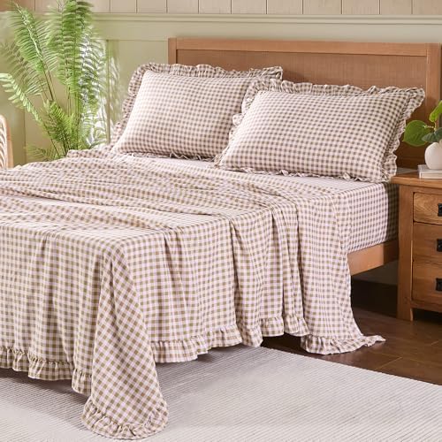 Gingham Twin Sheet Set, Lightweight Super Soft Brushed Microfiber Plaid Bed Sheets with 16" Deep Pocket, 3 Piece Ruffle Farmhouse Bedroom Decor, Taupe