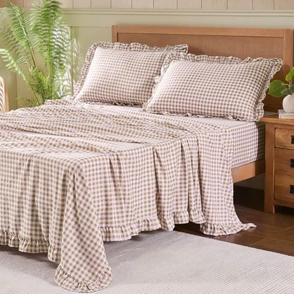 Gingham Full Sheet Set, Lightweight Super Soft Brushed Microfiber Plaid Bed Sheets with 16" Deep Pocket, 4 Piece Ruffle Farmhouse Bedroom Decor, Taupe
