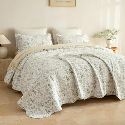 Lady Ann 100% Cotton King Quilt Set, Soft Cottagecore Green Leaves Botanical Pattern Printed Quilted Bedspread & Coverlet, 3 PCS Lightweight King Bedding Set for All Season